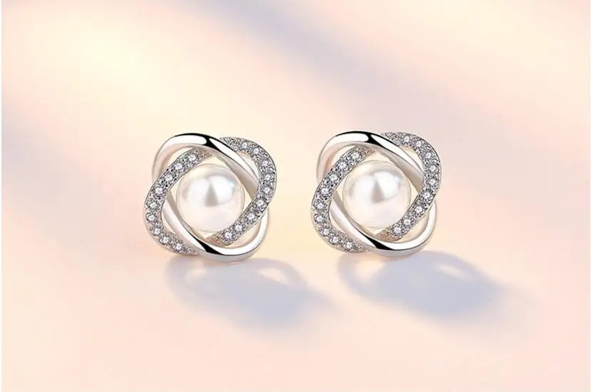 925 Sterling Silver Earrings Zircon Pearl Twist Luxury style Stud Earrings For Women