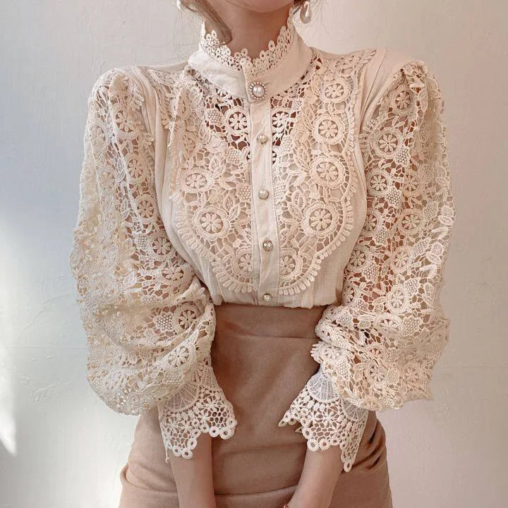 Women Chiffon Button Turtleneck Shirt Chic Elegant Floral Lace Fluffy Long Sleeve Top Fashion Hollow Oversize Blouse