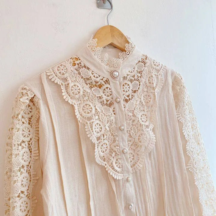 Women Chiffon Button Turtleneck Shirt Chic Elegant Floral Lace Fluffy Long Sleeve Top Fashion Hollow Oversize Blouse