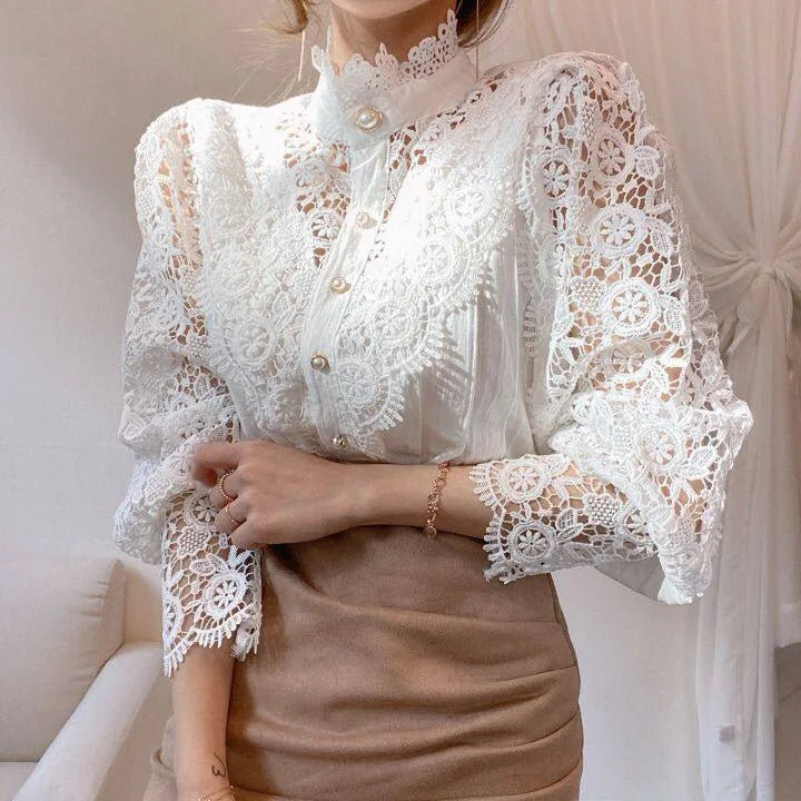 Women Chiffon Button Turtleneck Shirt Chic Elegant Floral Lace Fluffy Long Sleeve Top Fashion Hollow Oversize Blouse