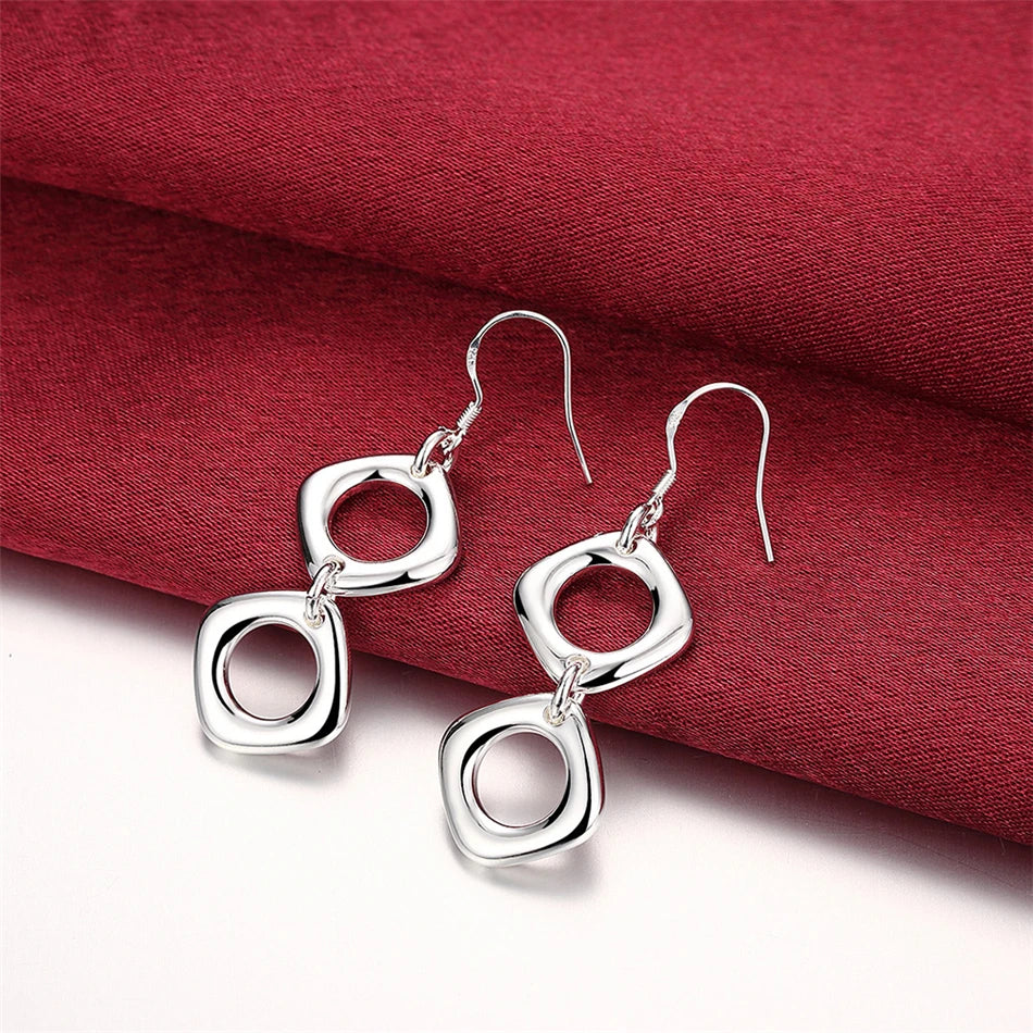 925 Sterling Silver Round Square Necklace Earring Set For Woman