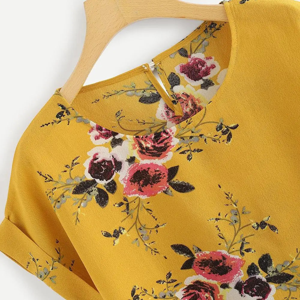 Floral Print Blouse Pullover Ladies O-Neck Tee Tops Female Women's Short Sleeve Shirt