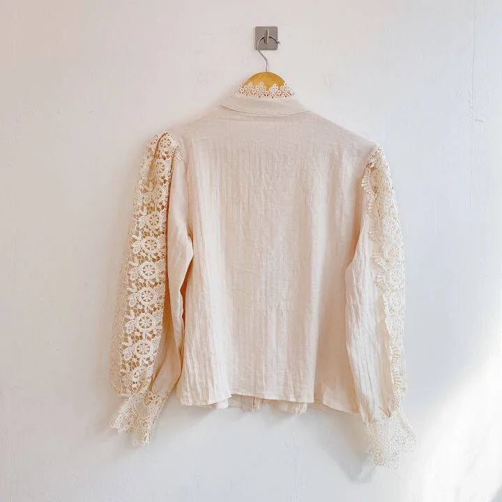 Women Chiffon Button Turtleneck Shirt Chic Elegant Floral Lace Fluffy Long Sleeve Top Fashion Hollow Oversize Blouse