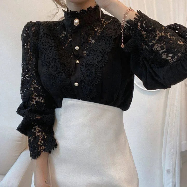 Women Chiffon Button Turtleneck Shirt Chic Elegant Floral Lace Fluffy Long Sleeve Top Fashion Hollow Oversize Blouse