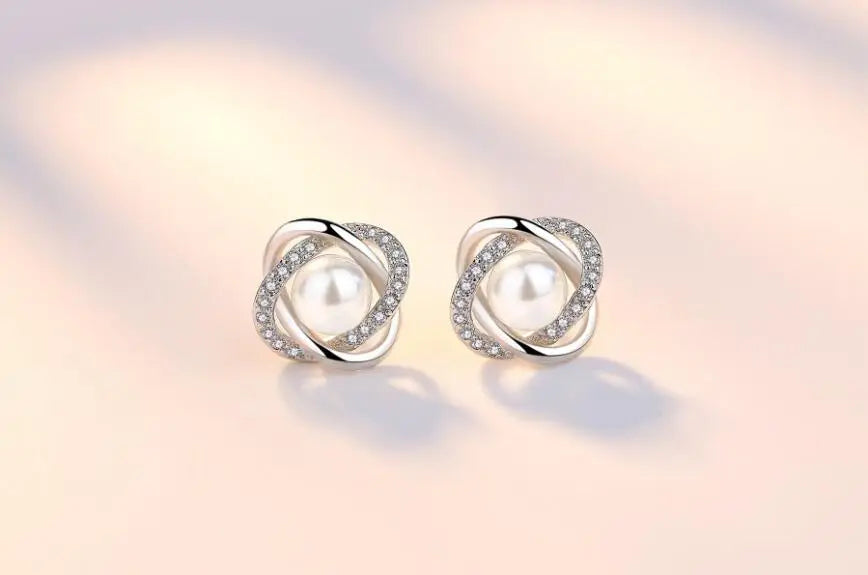 925 Sterling Silver Earrings Zircon Pearl Twist Luxury style Stud Earrings For Women
