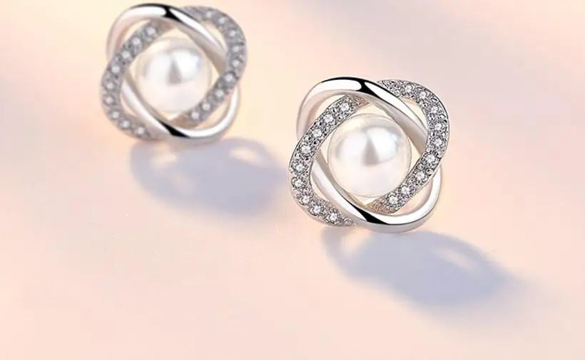 925 Sterling Silver Earrings Zircon Pearl Twist Luxury style Stud Earrings For Women