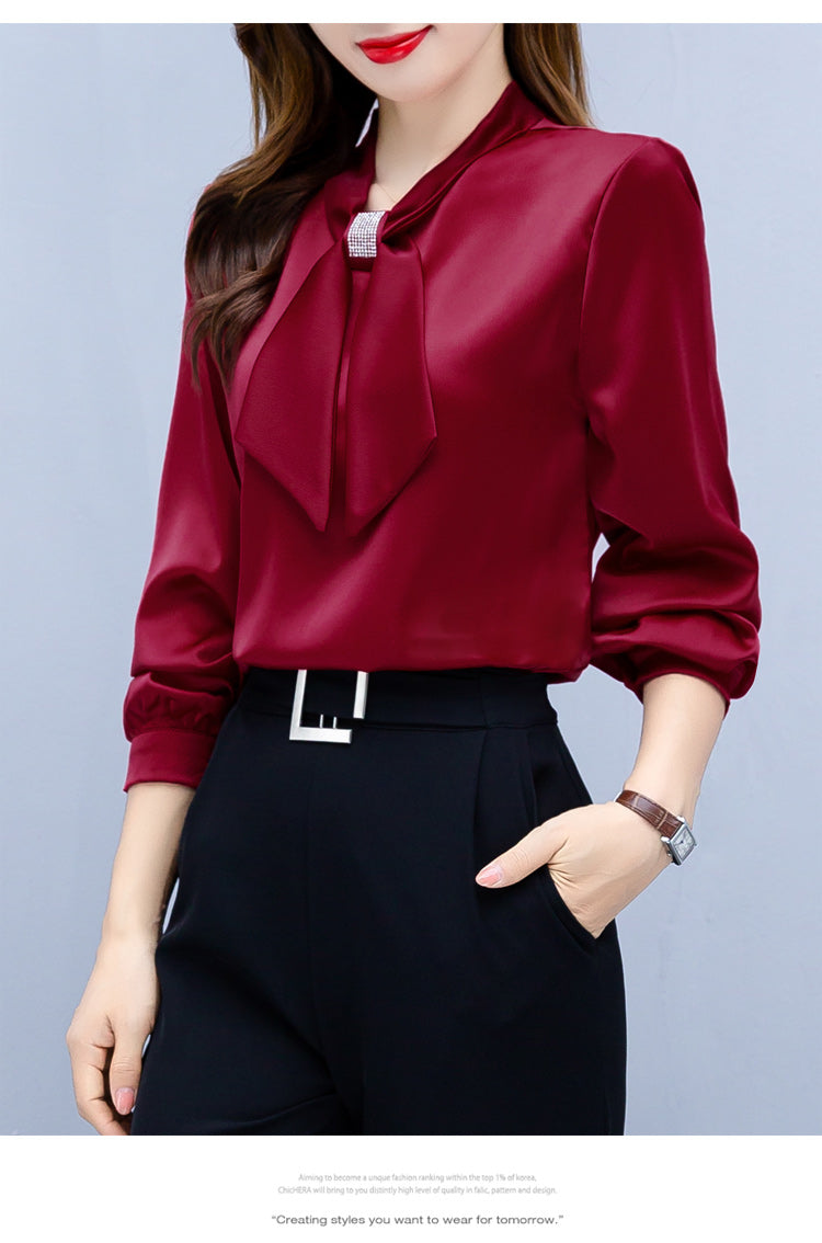 Long Sleeve Blouse Women Bow Collar Chiffon Blouse Shirt Tops Women Blouse