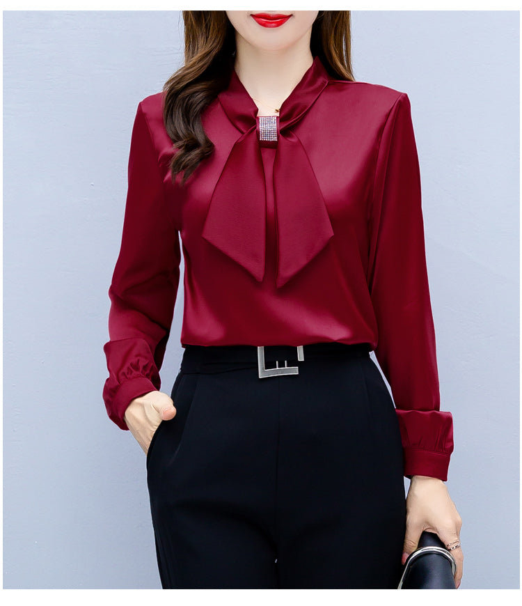 Long Sleeve Blouse Women Bow Collar Chiffon Blouse Shirt Tops Women Blouse