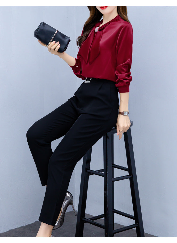 Long Sleeve Blouse Women Bow Collar Chiffon Blouse Shirt Tops Women Blouse