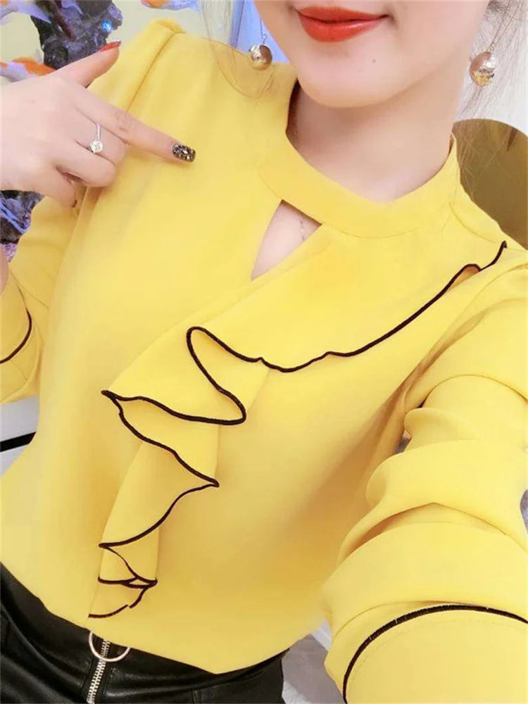 Women Chiffon Blouses Shirts Lady Casual Long Sleeve Ruffles Decor Stand Collar