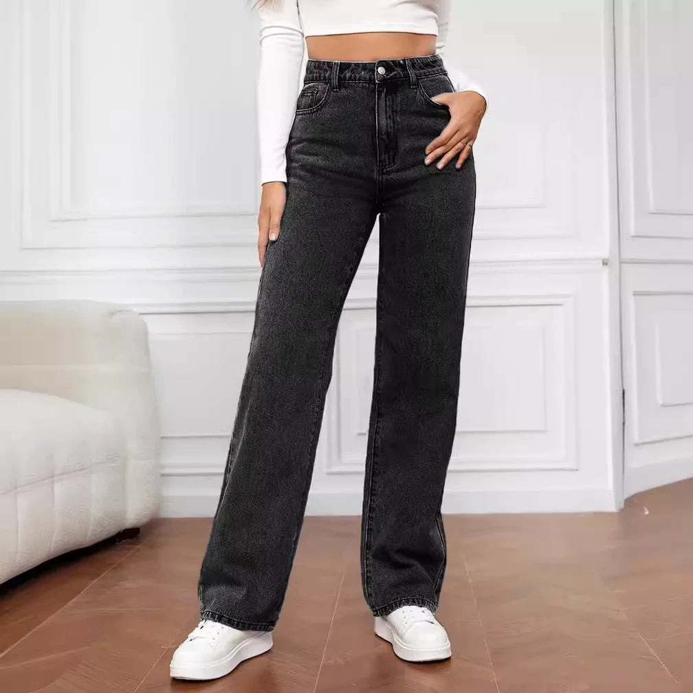 Women's High Waist Stretch Washed Denim Straight Jeans