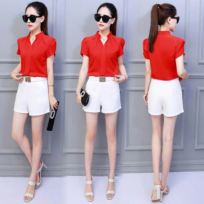 Women Office Ladies Chiffon White Shirt Short Sleeve elegant Tops Casual Clothing