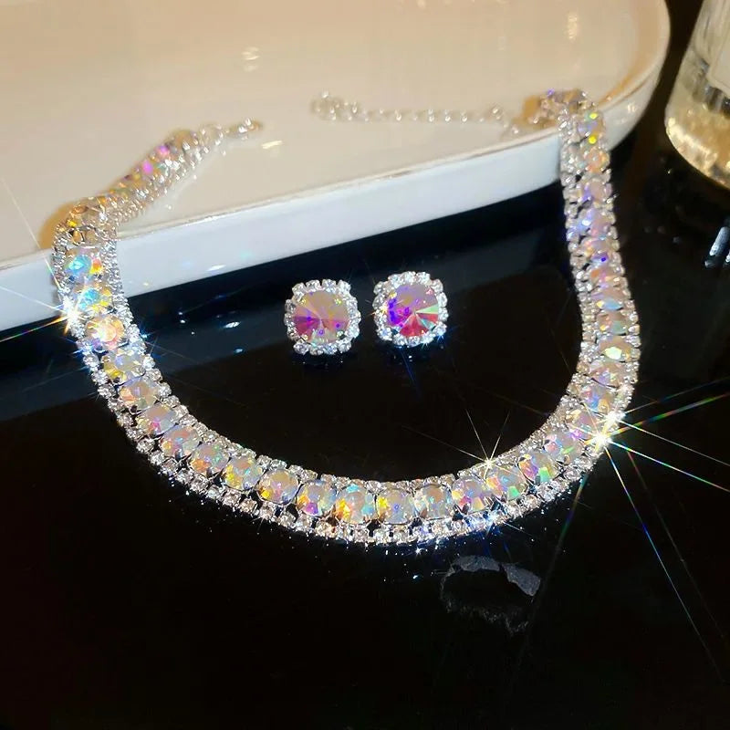 Inlaid Green Rhinestone Necklace Earring Set for Women Luxury Choker Necklace Stud Earrings