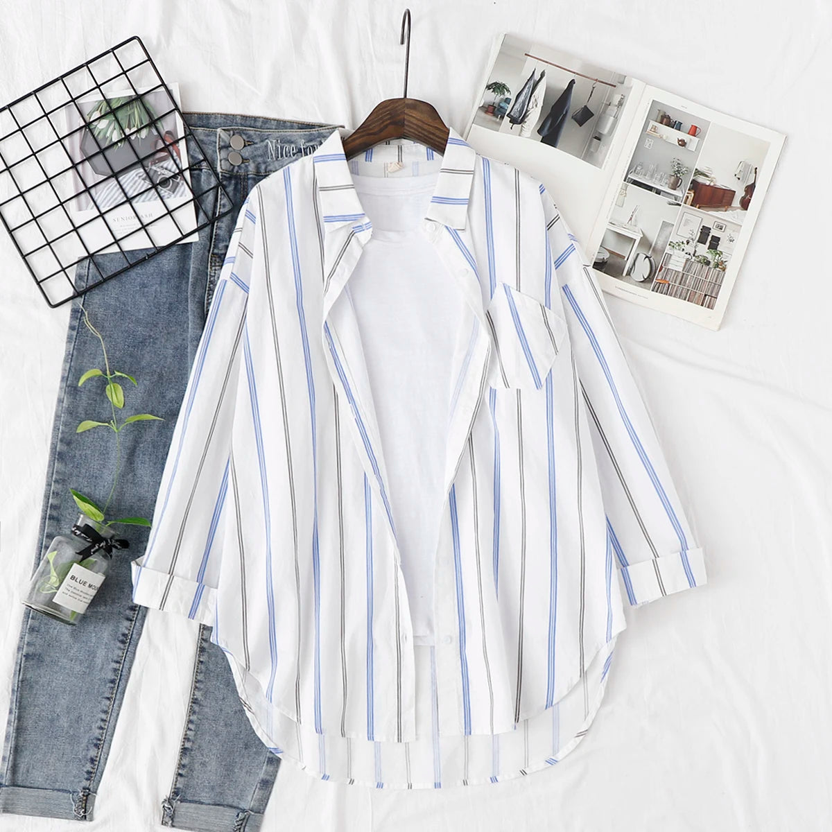 Loose Casual Striped Shirts New Ladies Sweet Simple Style Long Sleeve Print Female Blouse