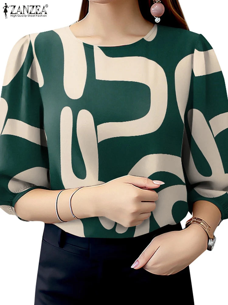Elegant Office Work Blouses Stylish Spring O Neck 3/4 Sleeve Printed Retro Holiday Blouse
