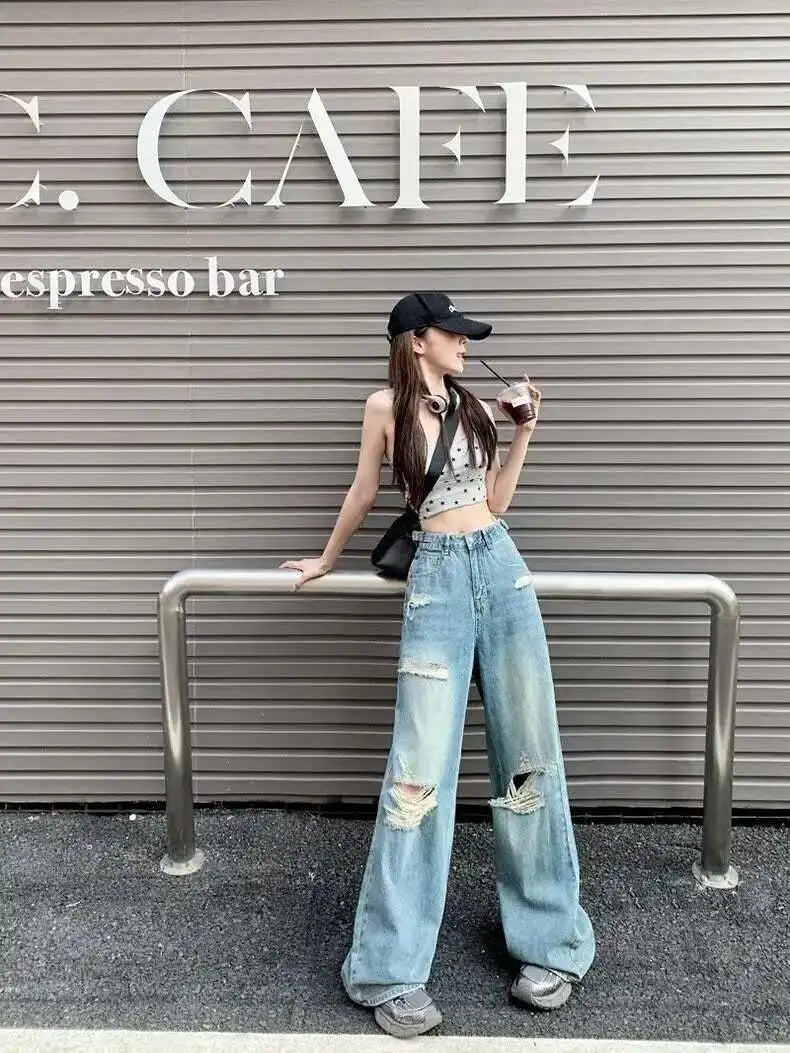 Vintage Pants, Jeans, Women's Torn Wide Leg Pants, Summer High Waist, Loose Fitting Long Pants, Women's Jeans