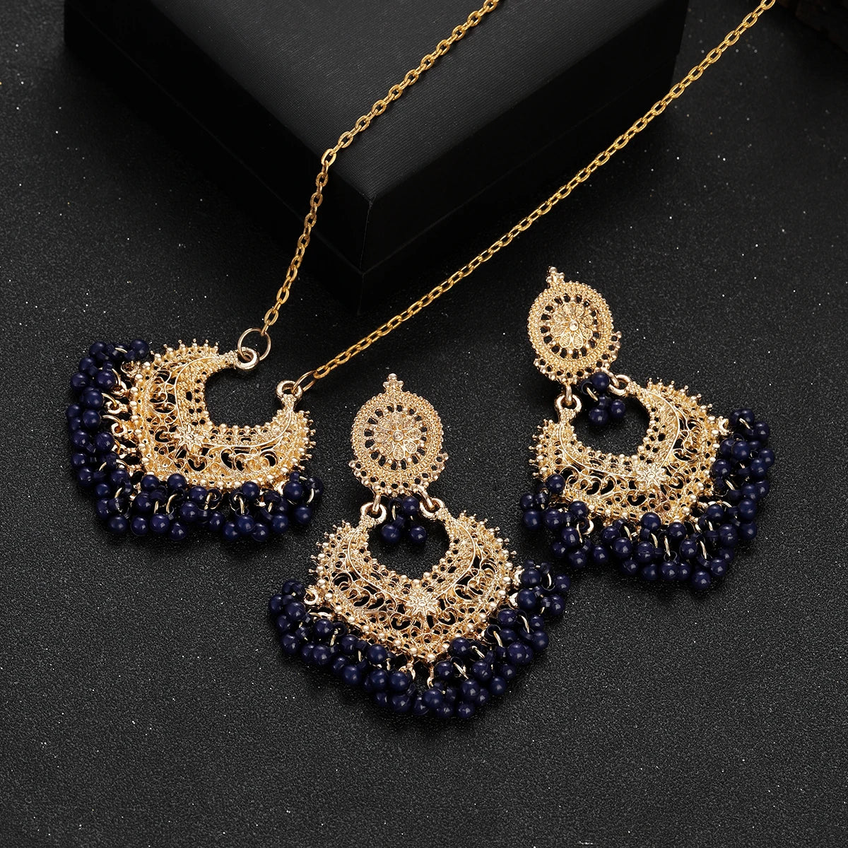 Jewelry Set for Women Retro Gold Plated Round Beads Tassel Earring Necklace Sets