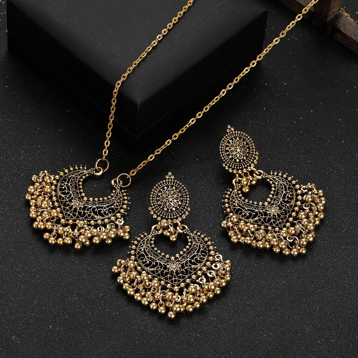 Jewelry Set for Women Retro Gold Plated Round Beads Tassel Earring Necklace Sets