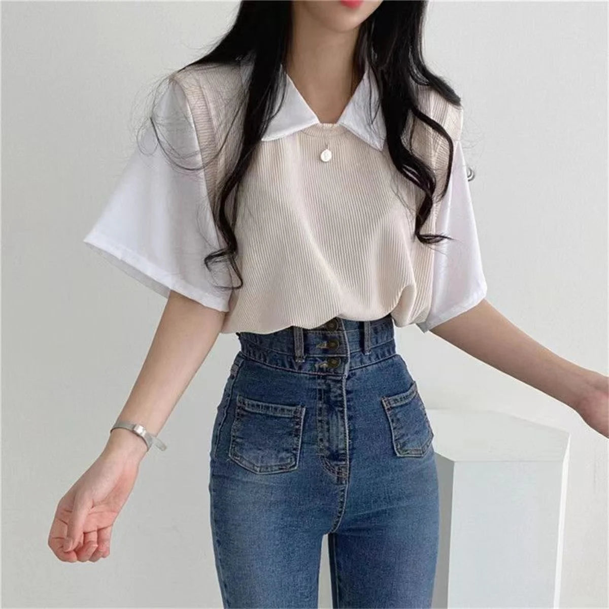 Summer Academy Style Color Blocking Polo Collar Top Short Sleeve T-shirt Women Lazy Loose Casual Versatile Blouse