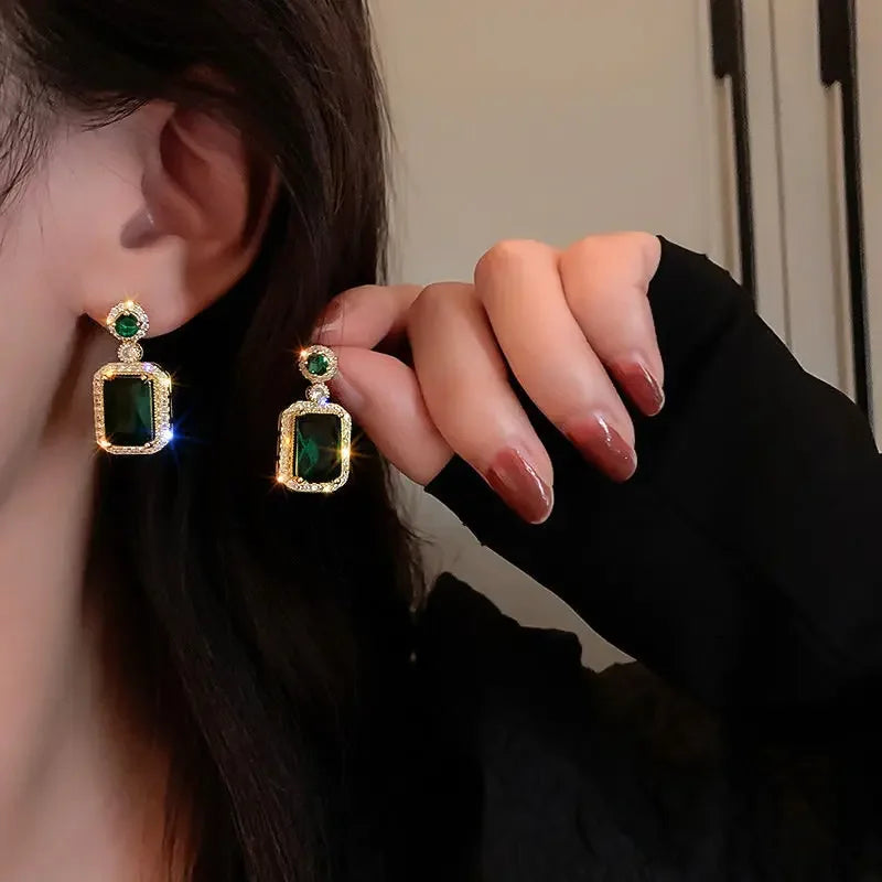 Luxury style Emerald Color Earring Necklace Rings Set For Woman Stainless Steel Zircon Rectangle Pendant Necklace