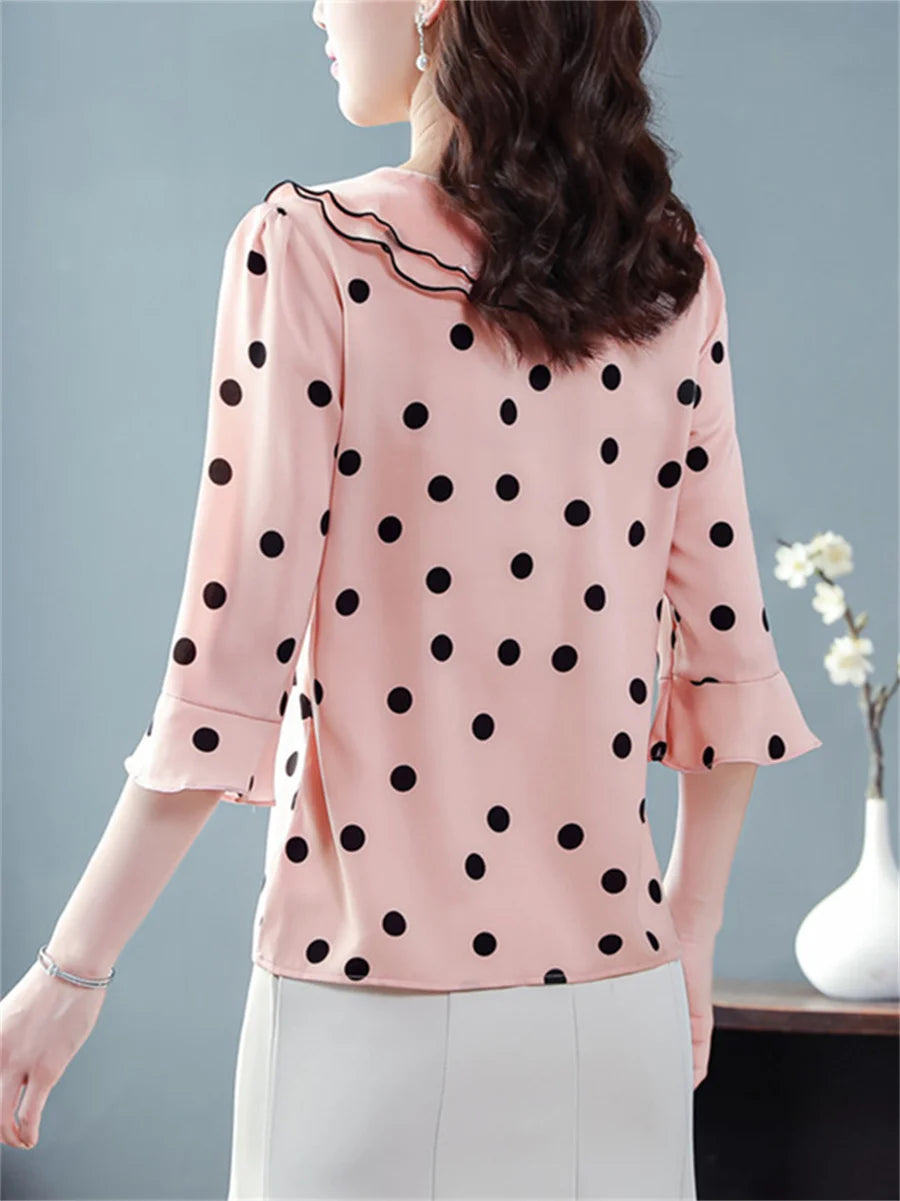 Women Spring Summer Blouses Fashion Casual Half Sleeve Ruffles Collar Polka Dots Tops
