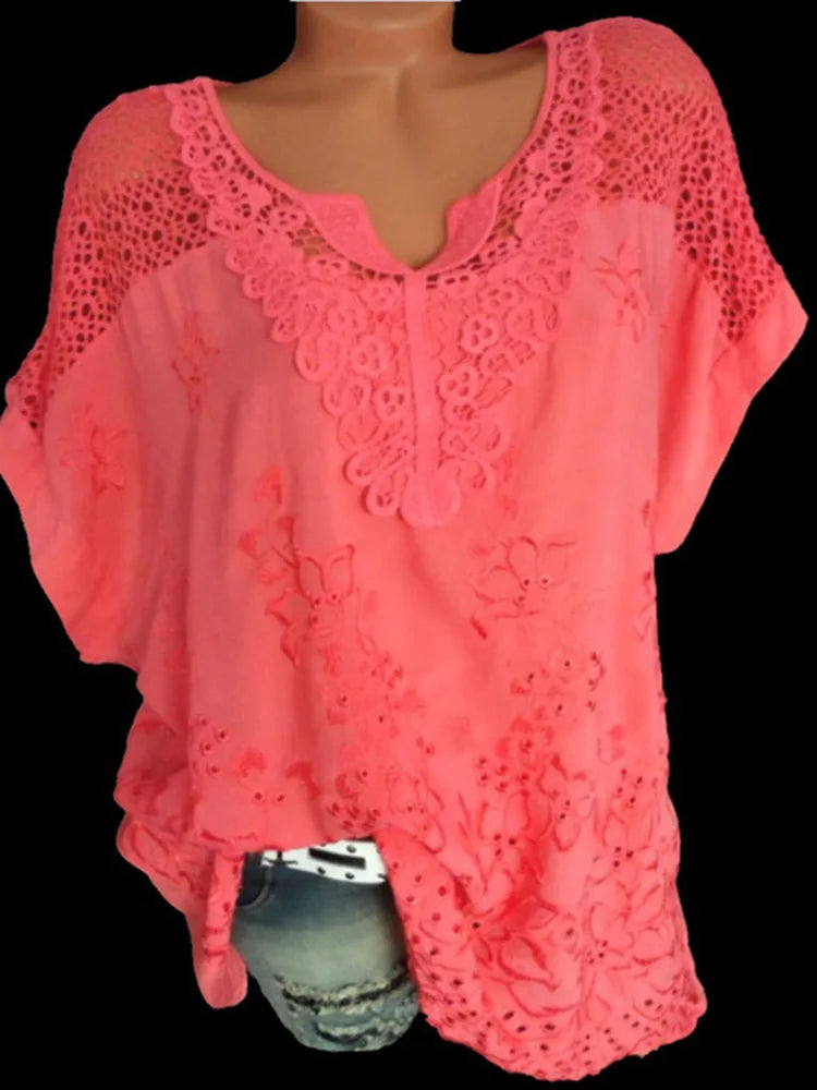 Loose Short-Sleeved Lace Women Blouses Cotton Blouses Summer V-neck White Shirt