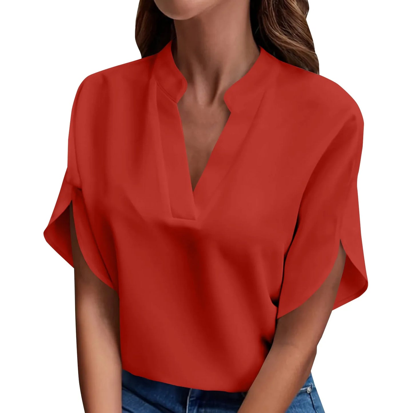Summer Tops For Women Blouse Short Sleeve Solid V Neck Loose Shirts And Blouses Elegant Tops