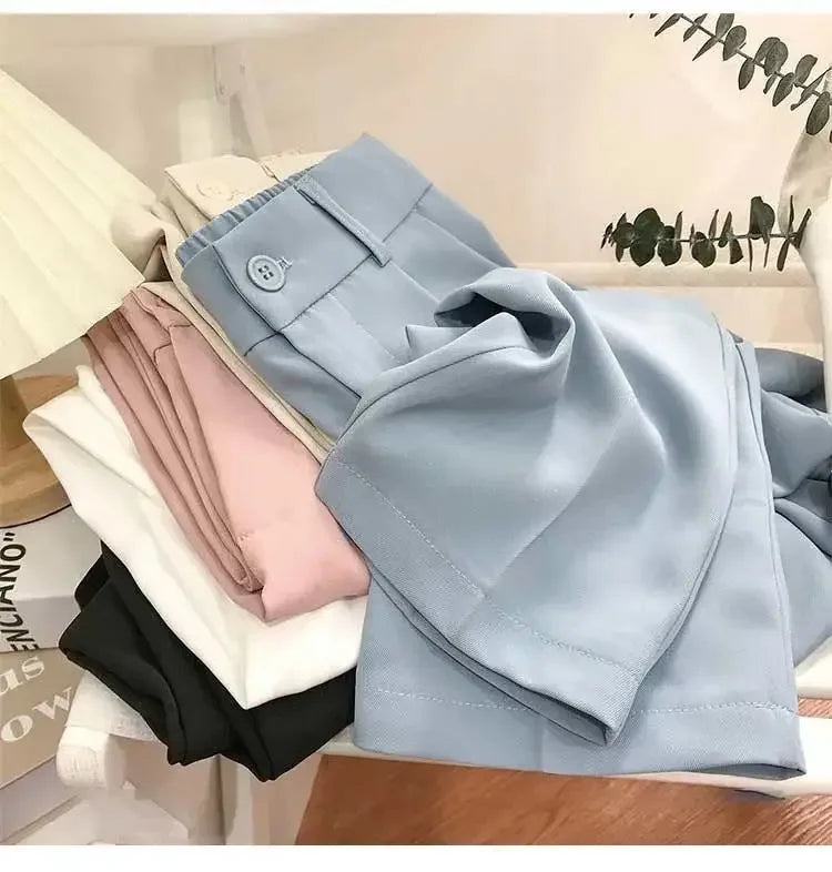 Elastic High Waist Suit Women Pants, Casual Loose Straight Black Office Ladies Trouser