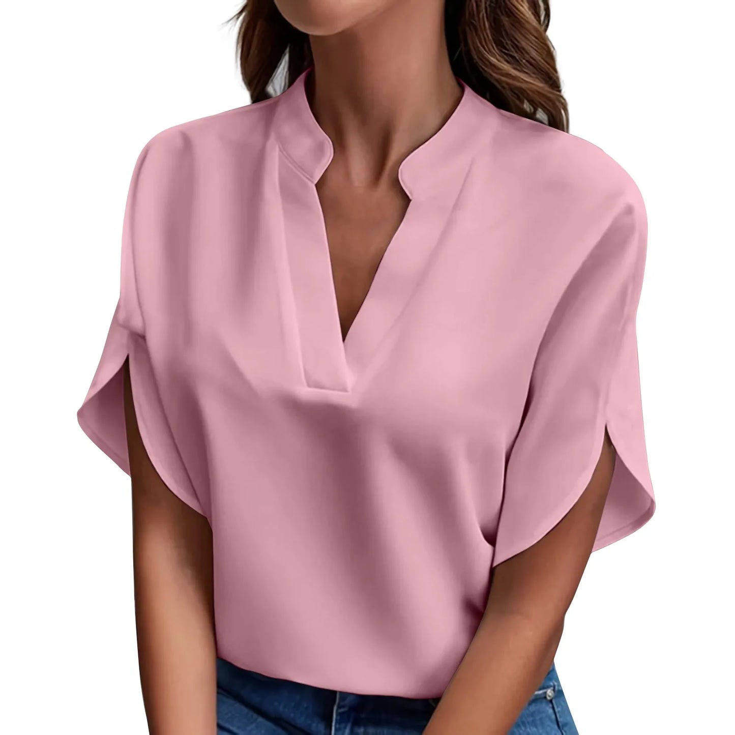 Summer Tops For Women Blouse Short Sleeve Solid V Neck Loose Shirts And Blouses Elegant Tops