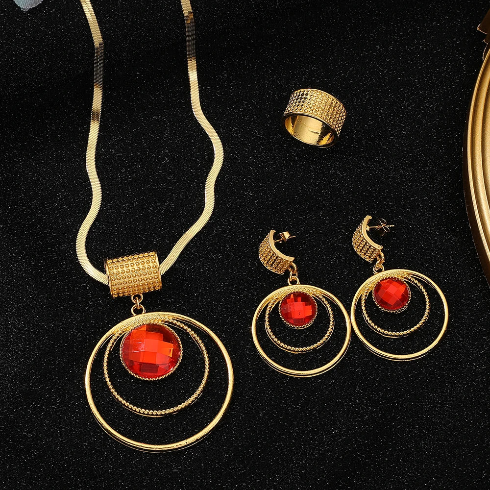 Stainless steel large round pendant Necklace Earrings Ring Jewelry Set for women