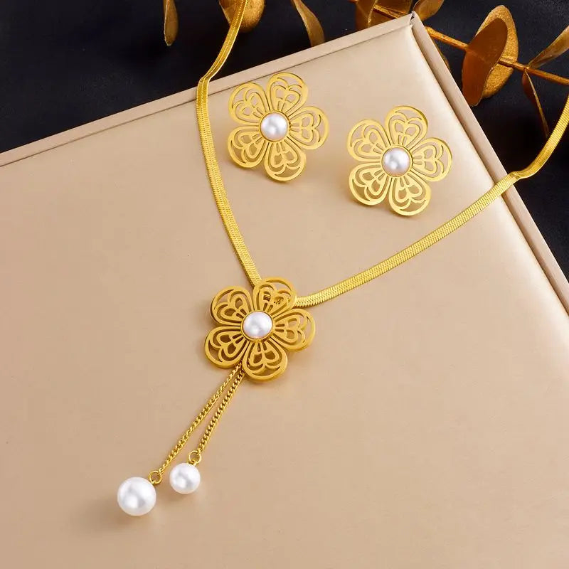Stainless Steel White Rhinestone Flower Pendant Necklace Earrings For Women Girl Light Luxury Jewelry Set Gifts