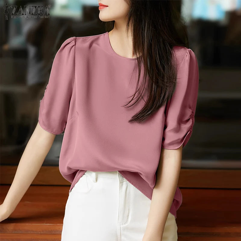 Solid Casual Office Work Tops Fashion Summer Short Sleeve Elegant Loose Blouse