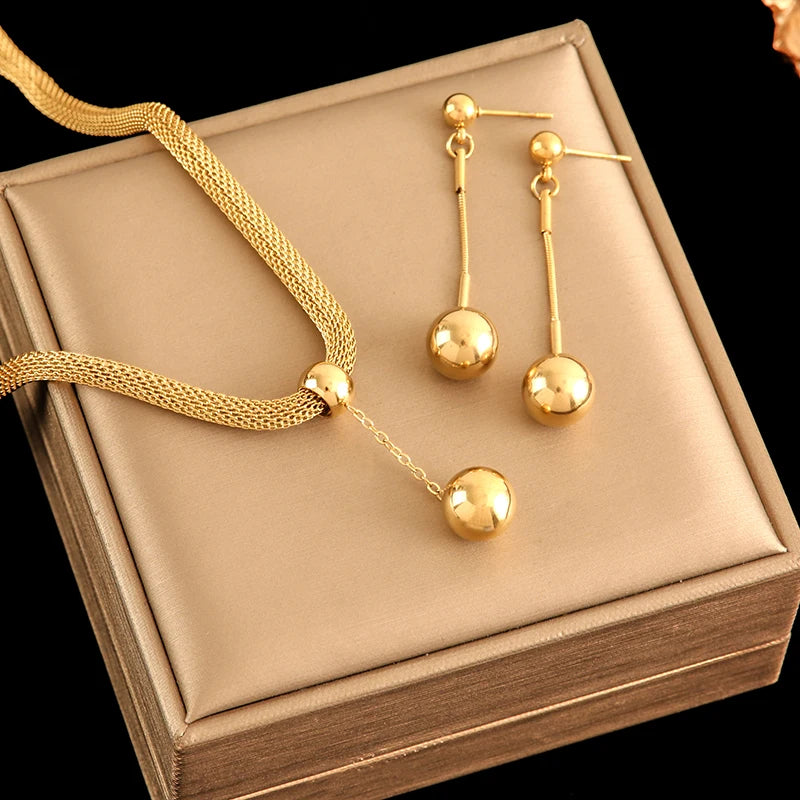 Stainless Steel 18K Gold Plated Bead Pendant Necklace Earrings Jewelry Set For Women
