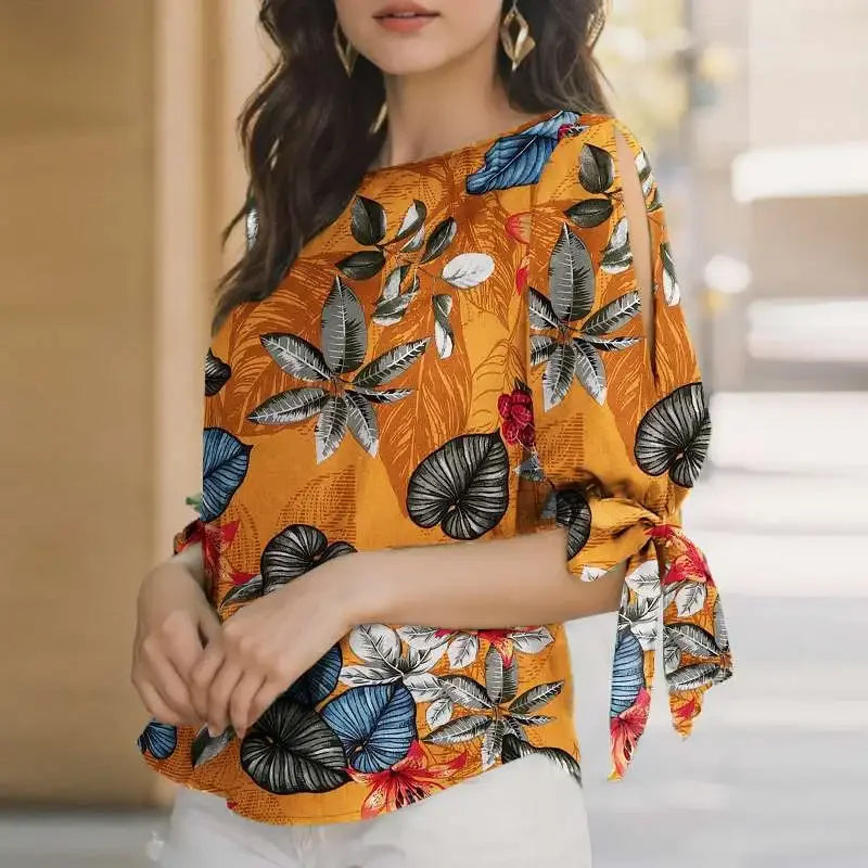 Woman Casual Polka Dots Printed Blouse Fashion Holiday Shirt Half Sleeve O-Neck Tunic Tops