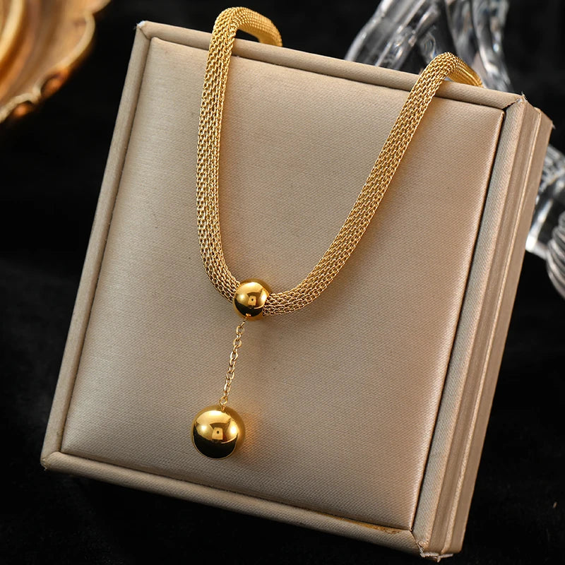 Stainless Steel 18K Gold Plated Bead Pendant Necklace Earrings Jewelry Set For Women