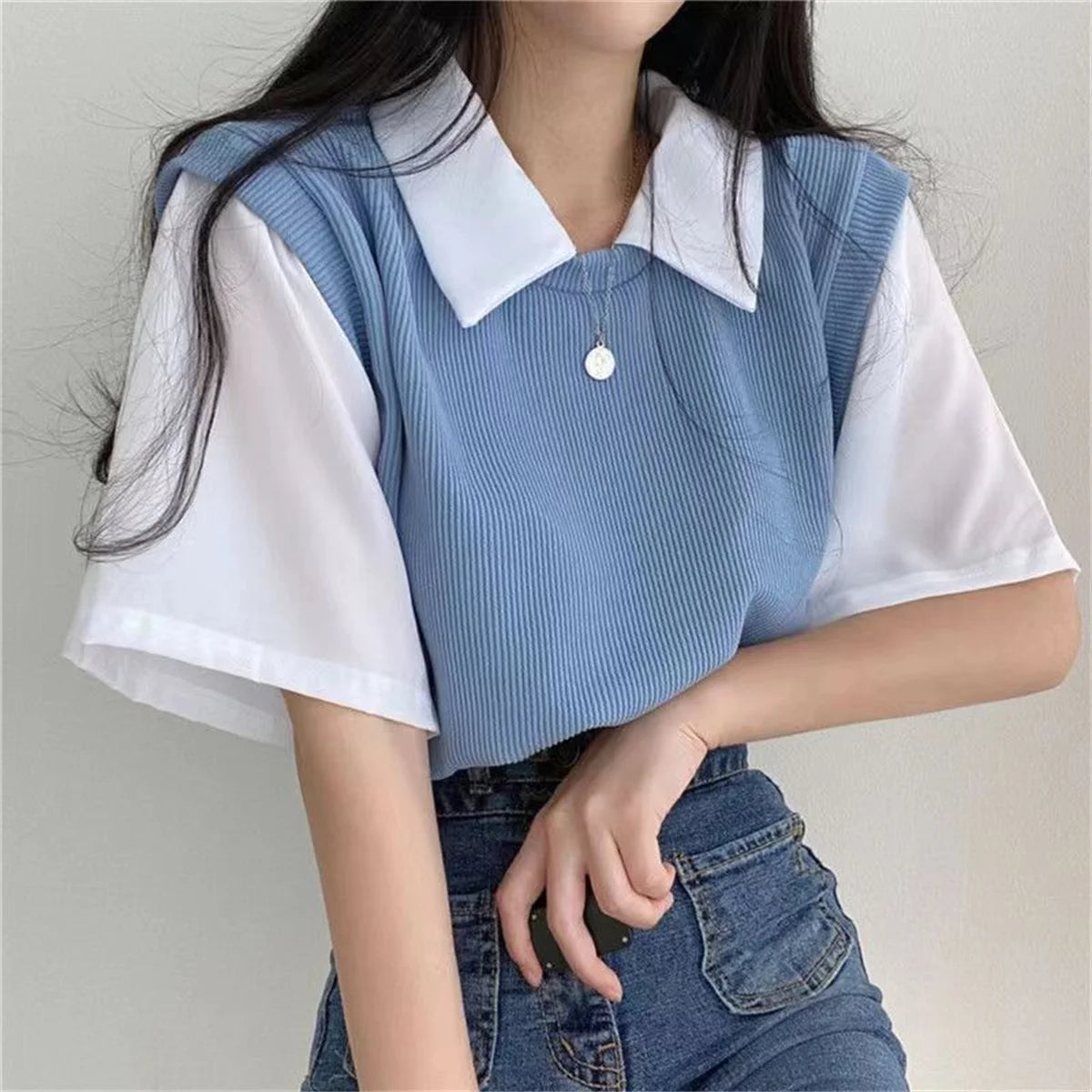 Summer Academy Style Color Blocking Polo Collar Top Short Sleeve T-shirt Women Lazy Loose Casual Versatile Blouse