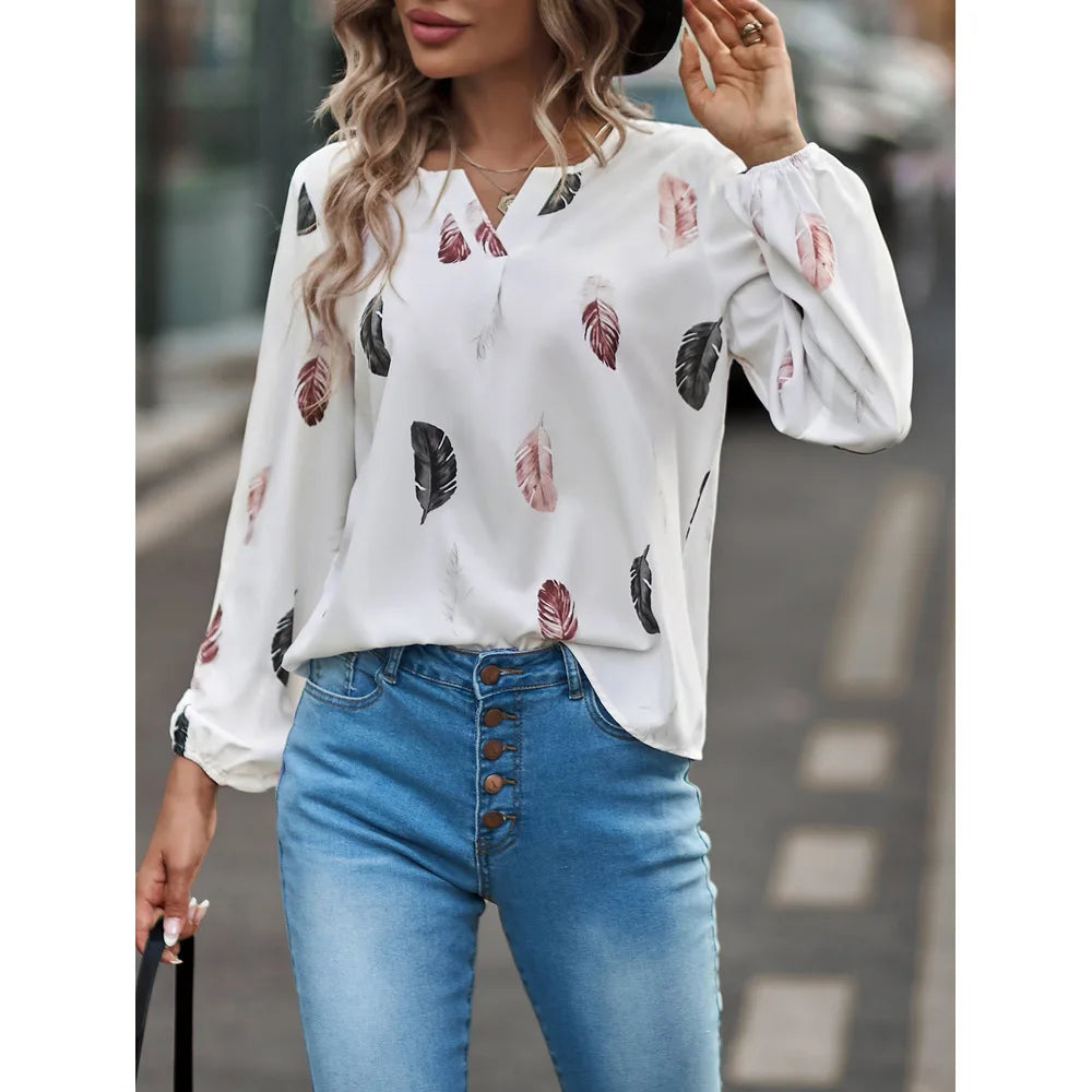 Fashion Woman long Sleeve Feather Pattern, Ladies Elegant Chiffon Tops
