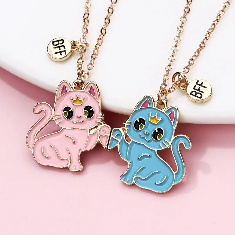 2Pcs/set Cartoon Animal Alloy Cat Best Friend Necklace BFF Friendship Jewelry