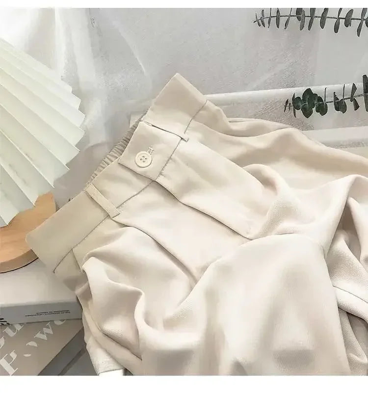 Elastic High Waist Suit Women Pants, Casual Loose Straight Black Office Ladies Trouser
