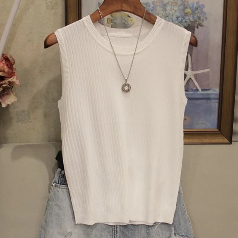 Summer Fashion Knitted Vests O-neck Sleeveless Casual Thin Tops Sleeveless Women Blouse
