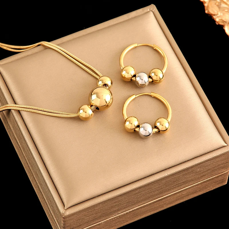 Stainless Steel 18K Gold Plated Bead Pendant Necklace Earrings Jewelry Set For Women