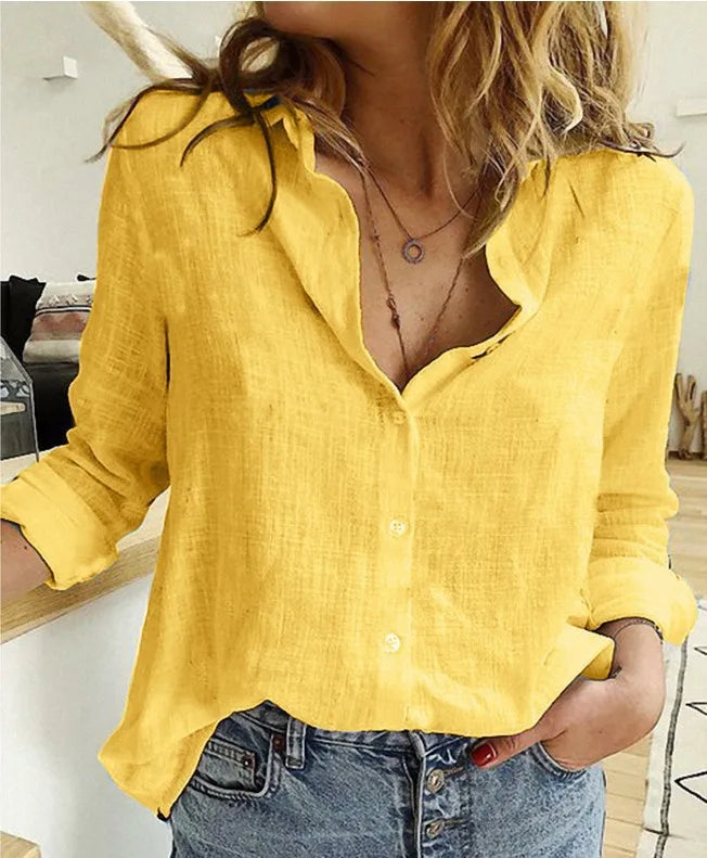 Elegant Cotton Linen Shirts Women Casual Solid Button Lapel Blouses Shirts Autumn Winter Long Sleeve Loose Tops