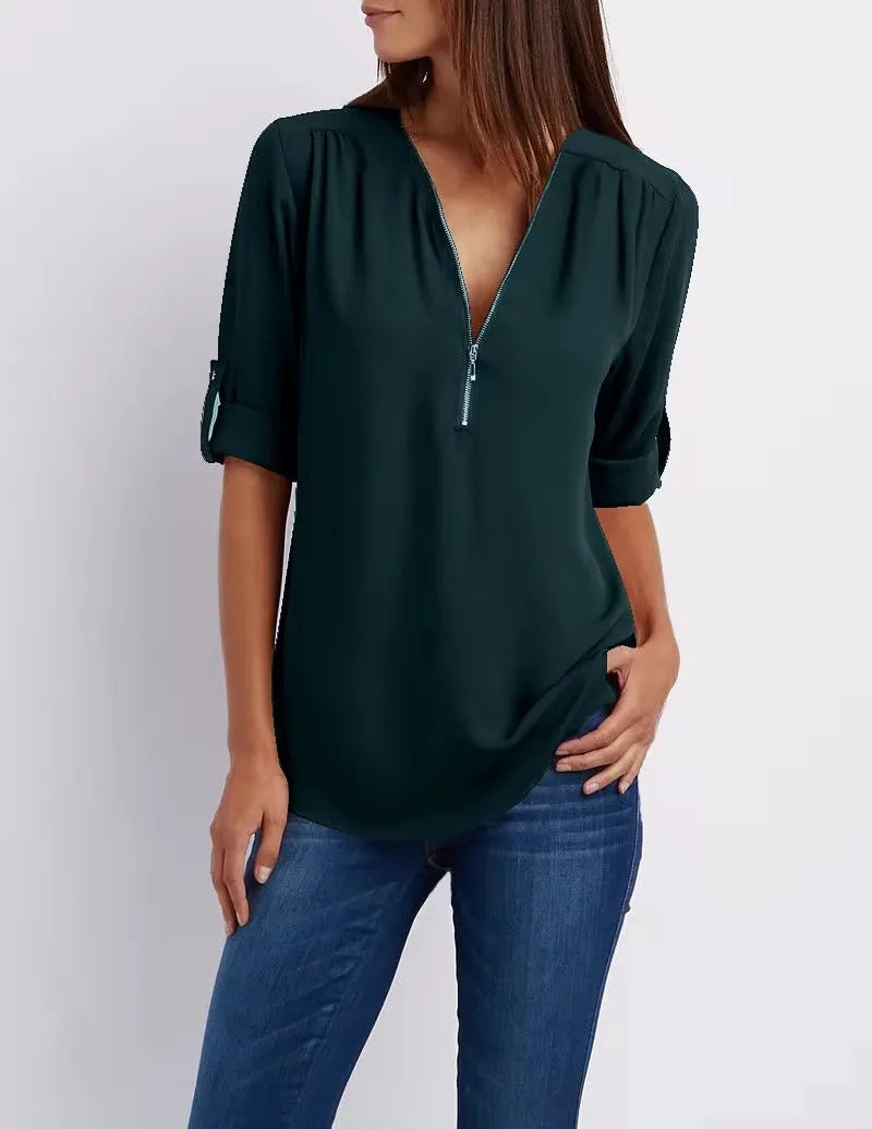Women Cool Loose Shirt Deep V Neck Chiffon Fashion Zipper Pullover Blouse
