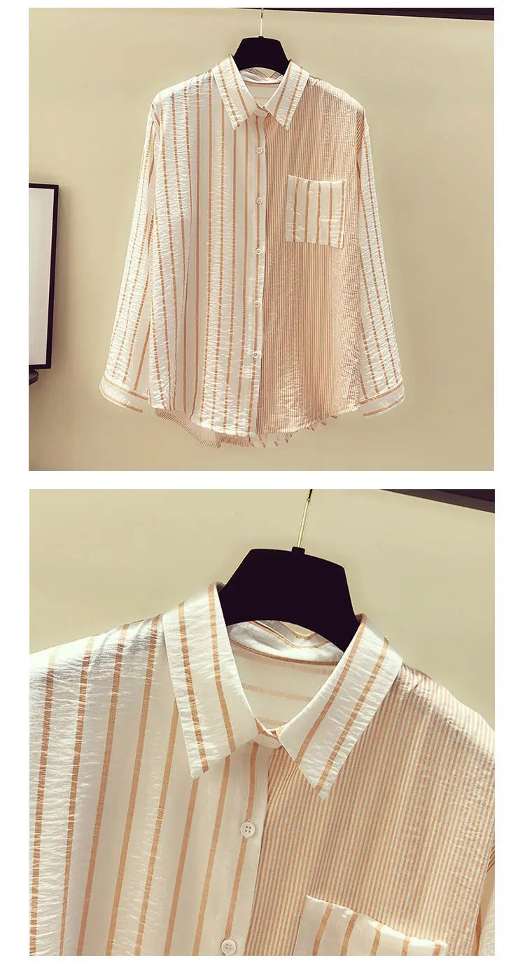 Korean Summer Trendy Women's Shirt Loose Casual Striped Patchwork Shirts Pocket Office Lady Sweet Women's Top