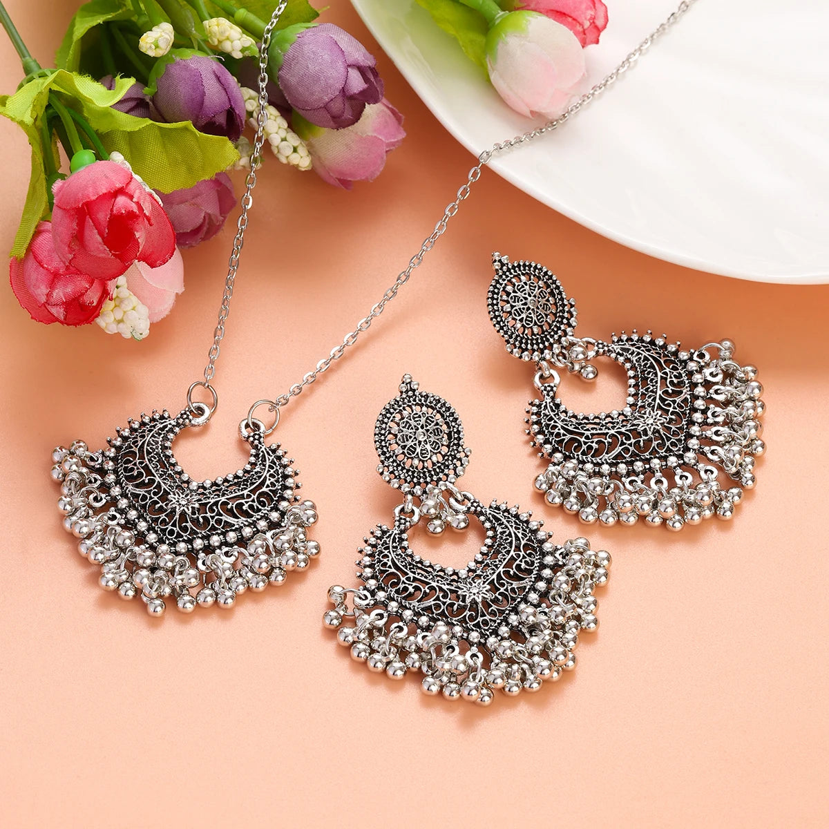 Jewelry Set for Women Retro Gold Plated Round Beads Tassel Earring Necklace Sets