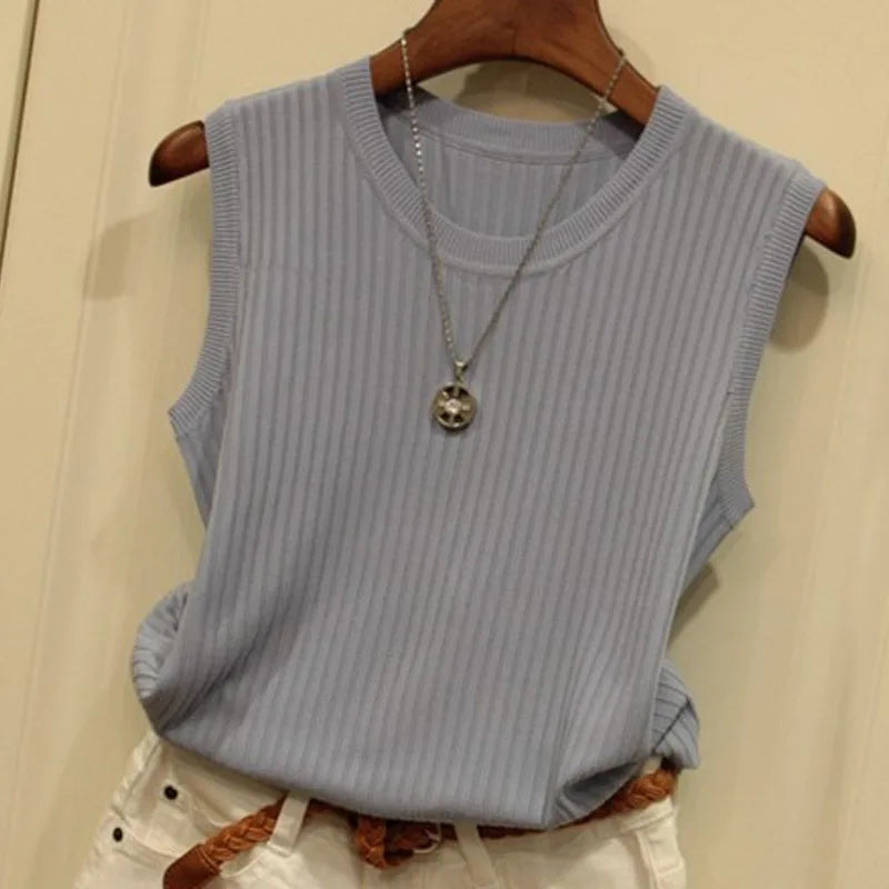 Summer Fashion Knitted Vests O-neck Sleeveless Casual Thin Tops Sleeveless Women Blouse