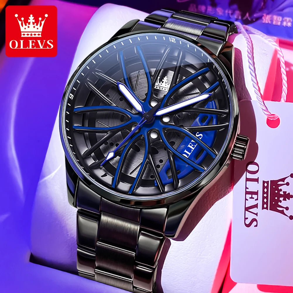 OLEVS Men Watches Waterproof Rotary Sport Car Rim Man Luxury Watch High Quality Fashion Stainless Steel Quartz