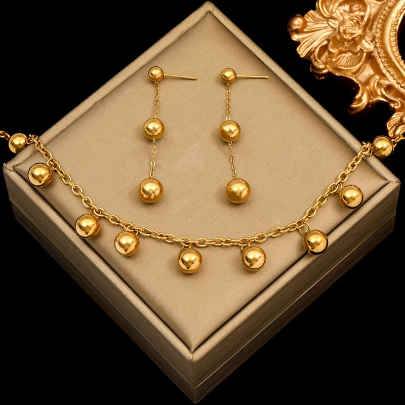 Stainless Steel 18K Gold Plated Bead Pendant Necklace Earrings Jewelry Set For Women