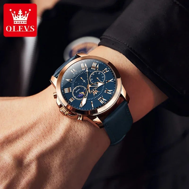 OLEVS 3632 Men's Watches Luxury Waterproof Leather Strap Moon phase Quartz Luminous 45.5MM Big Dial Watch
