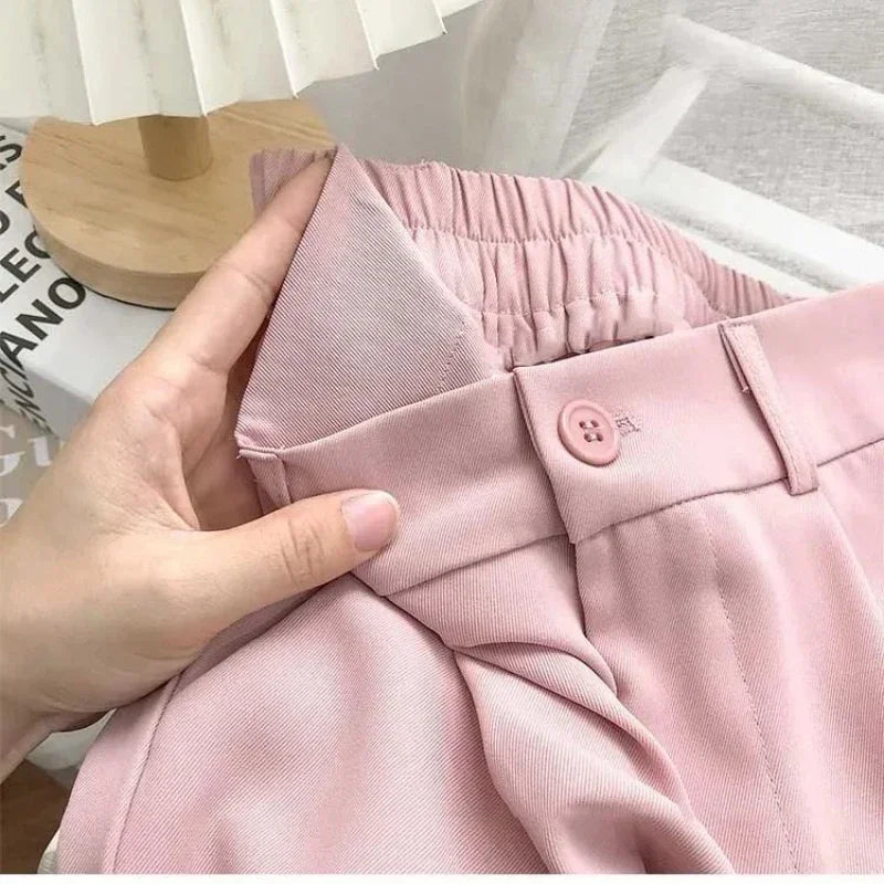 Elastic High Waist Suit Women Pants, Casual Loose Straight Black Office Ladies Trouser